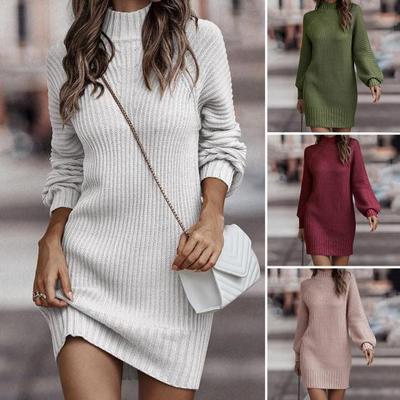 Women Dress Solid Color Cold Resistant Elastic Casual Ribbed Mini Pencil Knitted Dress Daily Clothing