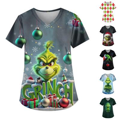 Plus Size Printed Scrub Working Uniform Tops For Women's Cross V Neck Print Short Sleeve Fun T-shirty Robocze Tee Z Kieszeniami