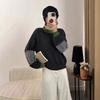 Contrasting color round neck splicing denim knitted sweater top spring new loose soft waxy sweater pullover women