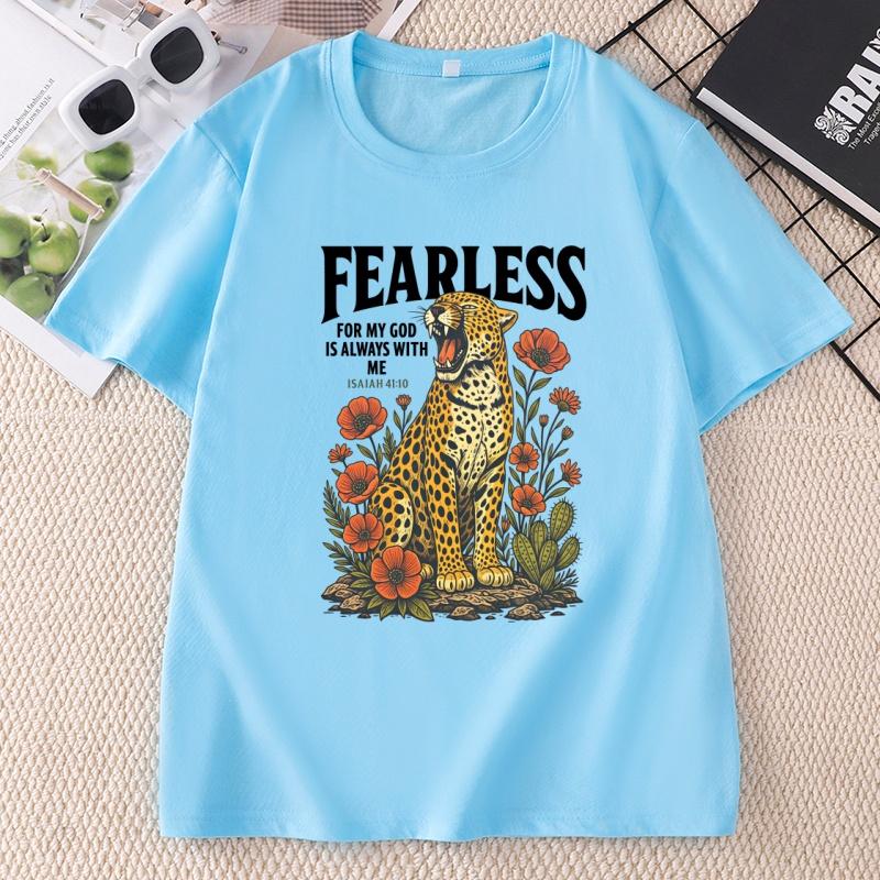 Fearless Leopard Graphic T Shirts Unisex Fearless for My God Is Always with Me TShirt Bible Verse Floral Religious Tee Shirt