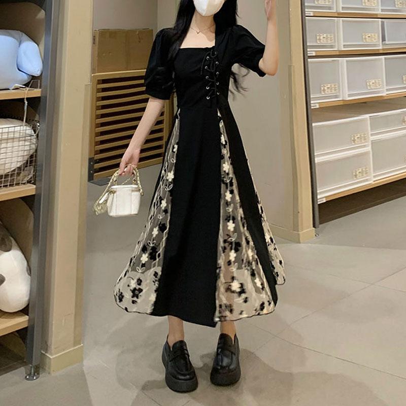 Fashion Broken Flowers Spliced Midi Dress Summer French Style Elegant Square Collar Vintage Chic Bandage Dresses