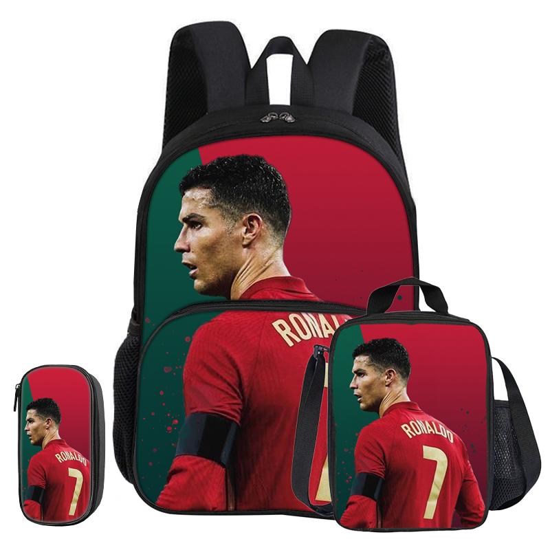 Ronaldo 3 Pcs Set with Front Pocket Backpack Football Sport with Thermal Insulated Lunch Tote Purse CR Football Star Pencil Case