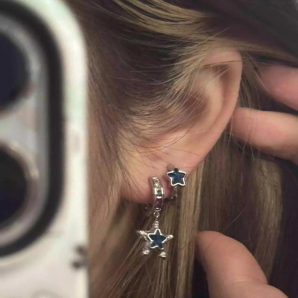 Asymmetric Blue Star Earrings Ear Buckle Niche Design Sweet Cool Chic Chic Style Unique Personality Simple Simple Versatile Temperament Earrings