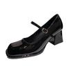 Fashion Mary Jane Single Shoes Women's New Autumn Patent Leather Square Toe Shallow Mouth One Strap Non-Slip Block Heel Pump Shoes