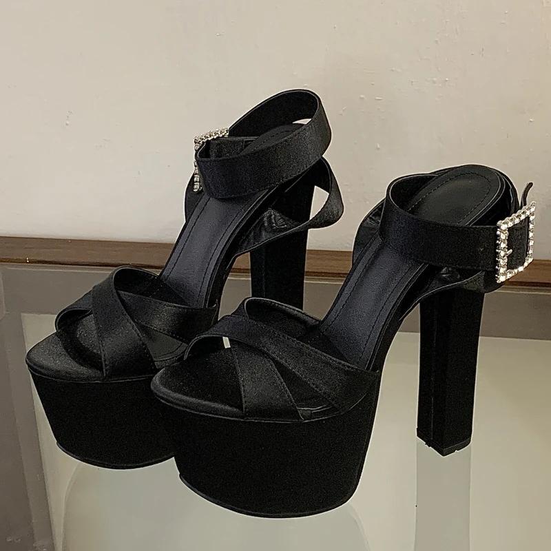Pesstwei New Summer Solid Platform Square High Heels Women Sandals Fashion Crystal Buckle Strap Open Toe Party Shoes