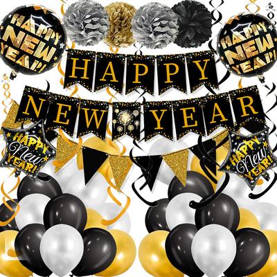 New Year'S Day Party Decoration Black Gold New Year Banner Pennant Paper Flower Ball Balloon Venue Atmosphere Set
