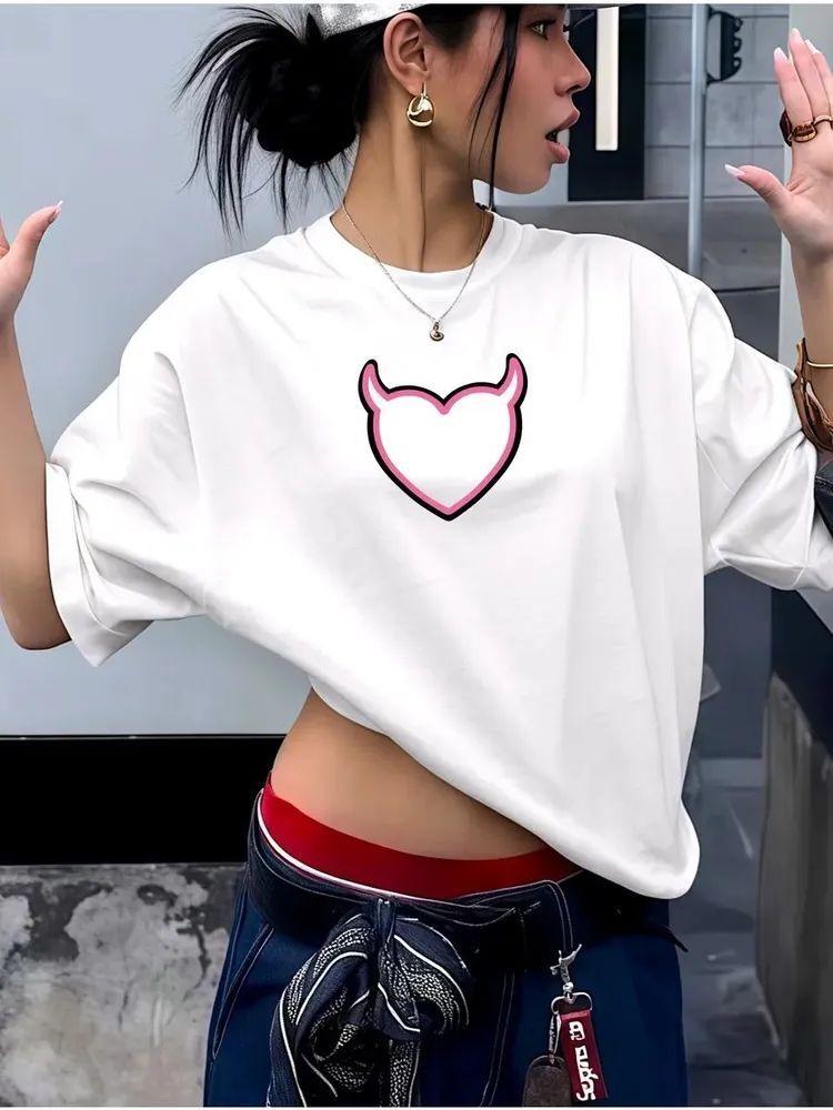 2025 New Arrival: Love Heart Loose Print Pure Cotton Summer Top - Short Sleeve T-shirt