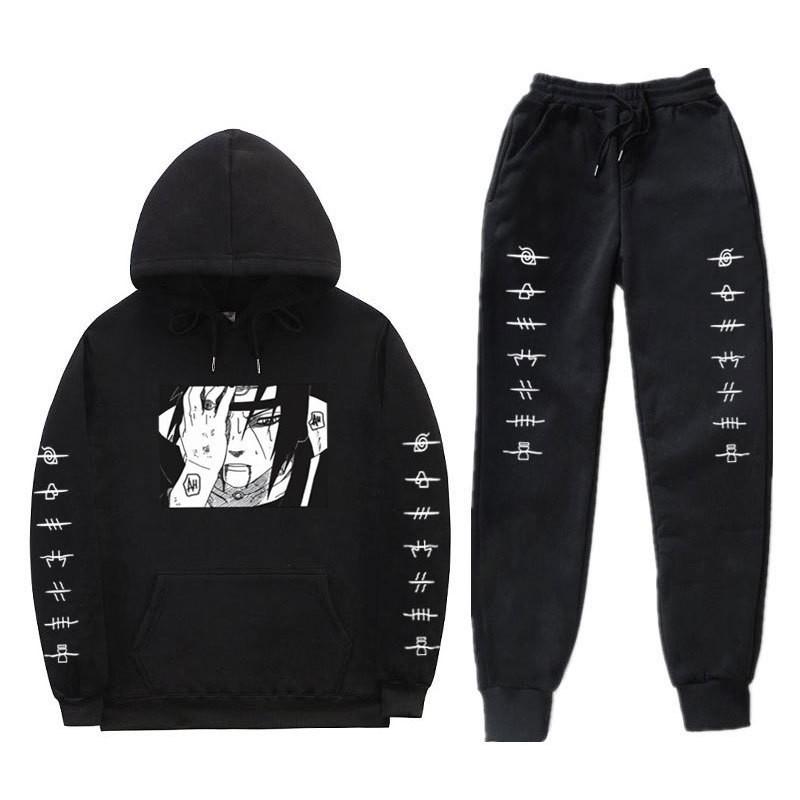 Mens Anime Hooded Sweatshirt Set With Fleece Lining Naruto Uchiha Itachi Inspired Casual Winter Outfit