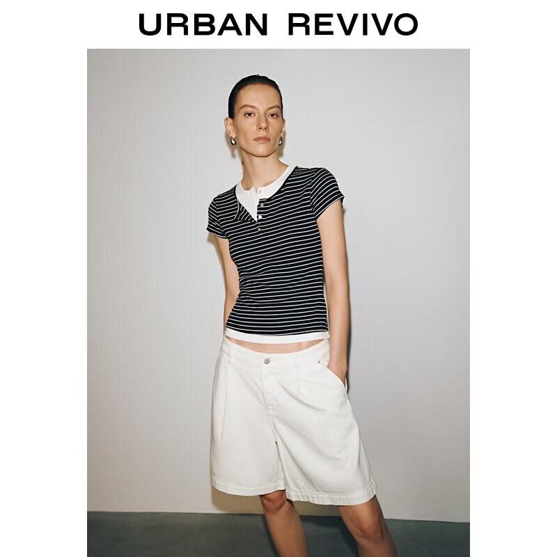 UR Women s Elegant Striped Faux Two-Piece Short-Sleeve T-Shirt S
