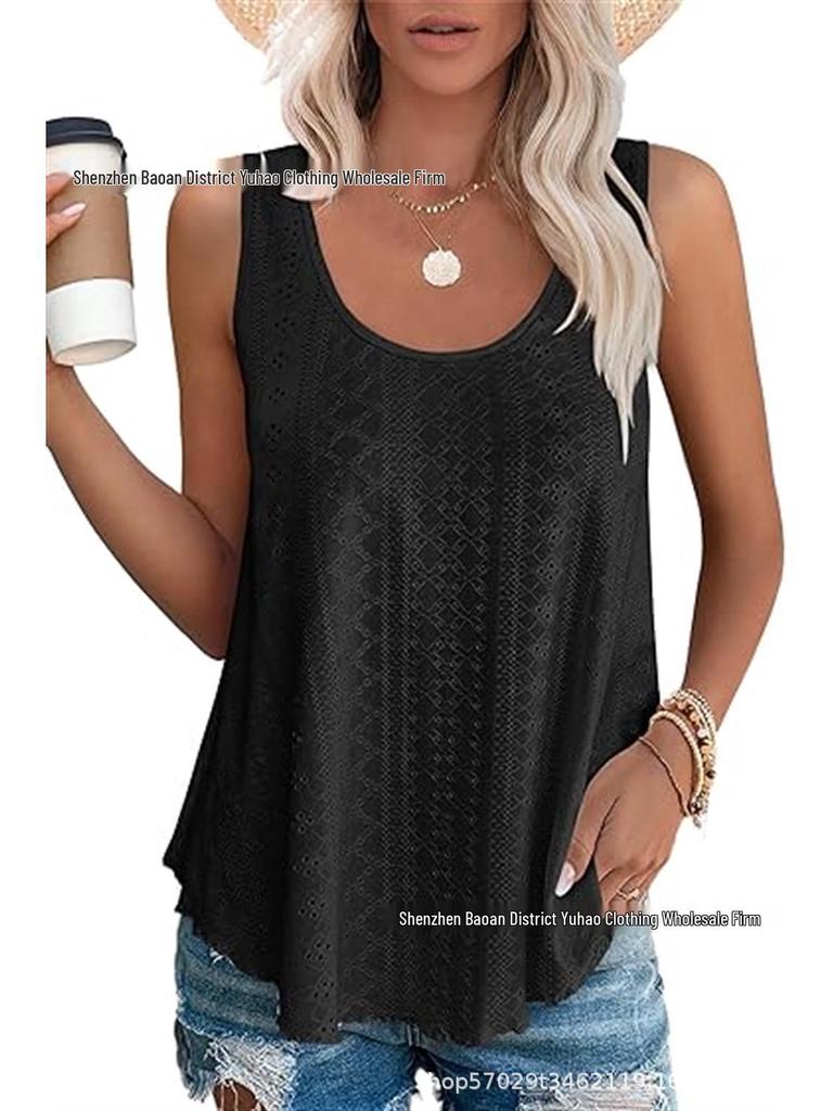 2024 Spring/Summer Sleeveless Hollow Jacquard Top - Women's Casual Round Neck Vest