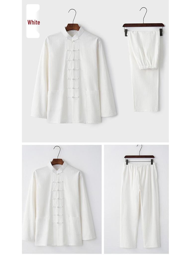 Herren Langarm Baumwolle & Leinen Tang-Anzug: Zweiteiliges Set im chinesischen Retro-Stil mit Froschknöpfen für Herbst und Frühling