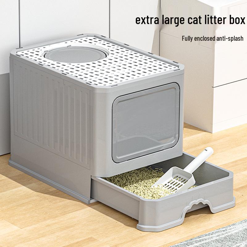 Enclosed Litter Box with Deodorizing, Anti-Splash Folding Drawer Design