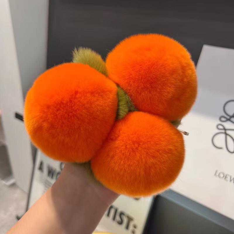 Persimmon Rex Rabbit Fur Keychain Pendant - Plush Good Luck Bag Charm for Couples