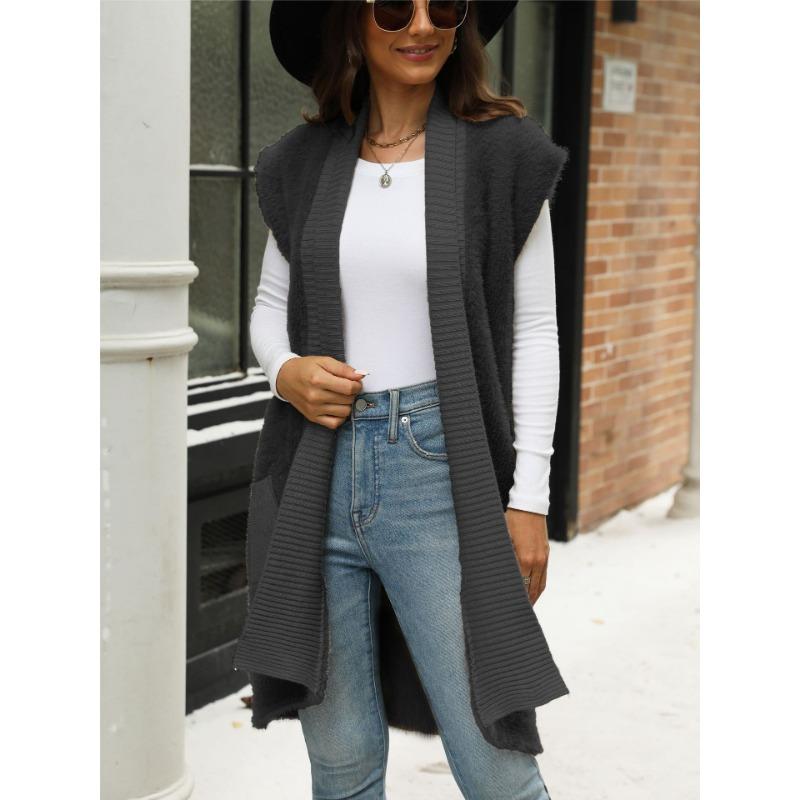 Women's Knit Sweater Fall and Winter Long Section Imitation Mink Hair Sleeveless Knitted Cardigan Sweater Women