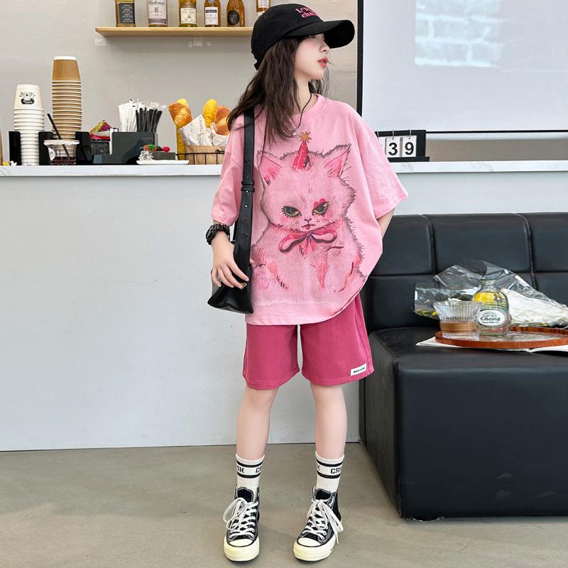 Girls' Summer Casual Set New Korean Style Fashionable Loose Girls' Summer Short Sleeved Shorts Set