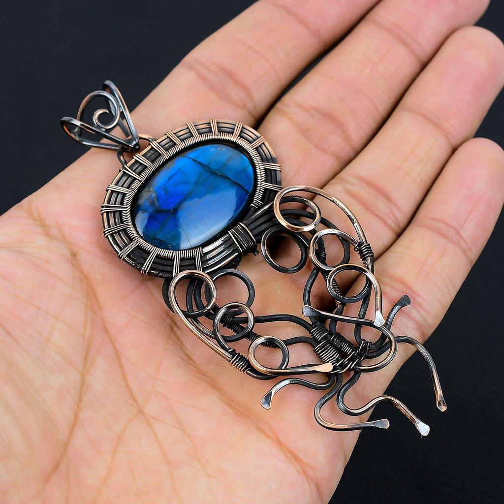 Labradoryt kamień szlachetny drut miedziany Wrap ręcznie robiony wisiorek biżuteria prezent dla miłości