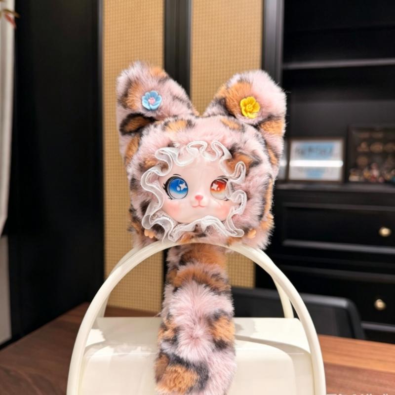 Lace Leopard Print Cat Plush Pendant Adorable Cartoon Design With Soft Tail Backpack Hanging Keychain for Kids Daily Use Small Gift