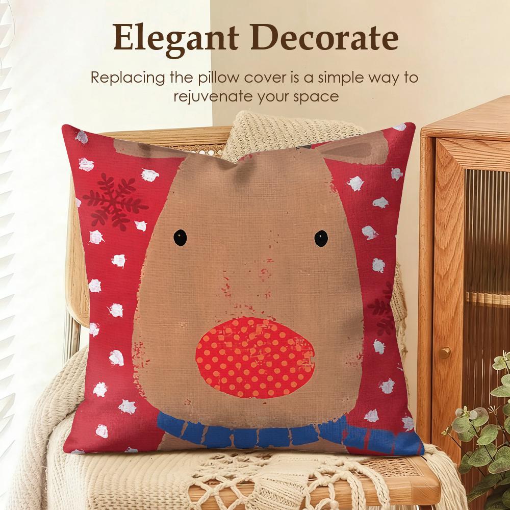 Cute Christmas Reindeer Cushion Cover Natural Linen Organic Fabric Double-Sided Printing Sofa Home Decor Gift Pillow Case