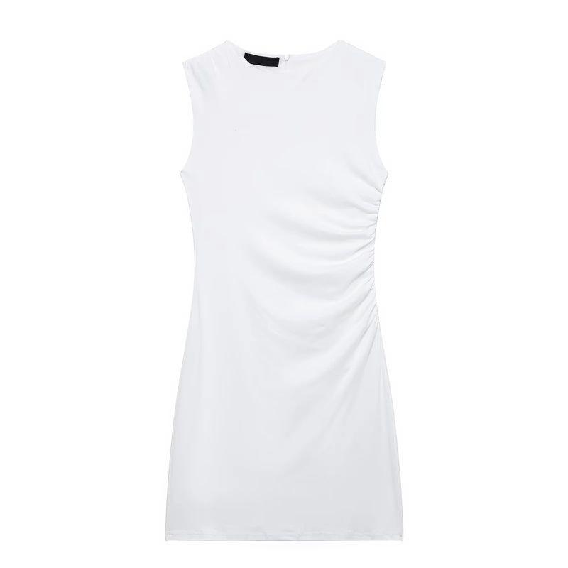 Spring New Women's Clothing French Ruched Silm round Neck Short Sleeveless Dress 3067220 4772350