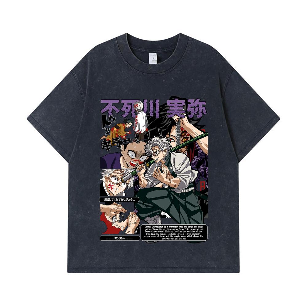 275 GSM Washed T-shirts 100% Cotton Demon Slayer V15 Sanemi Print Unisex Heavy Cotton T Shirt