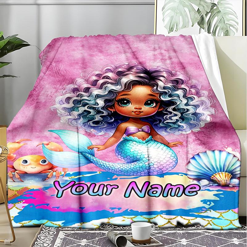 1PC Custom Name Mermaid Fantasy Cover Outdooor Flannel Blankets Patterns Throw Blanket All-Season Soft Gift for Couch, Bed, Camping Gifts