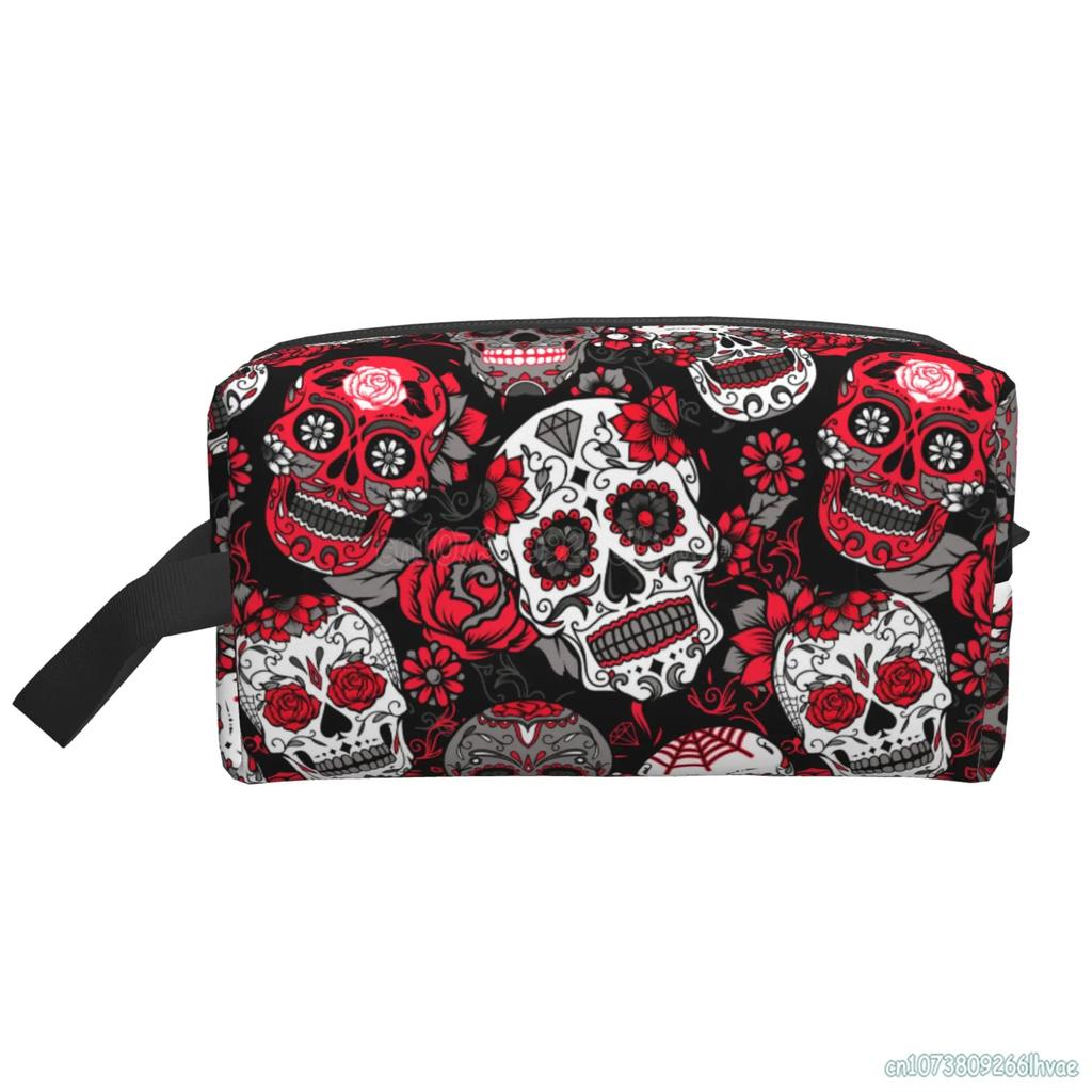 Halloween Bunte Blumige Zuckerschädel Kosmetiktaschen für Frauen Große Kapazität Reise-Make-up-Tasche Tragbar Reise Wasserdicht Geschenk