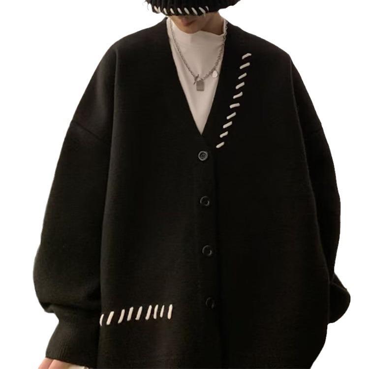 Men's Autumn Cardigan Knitted Sweater Trendy Brand Ruffian Handsome Advanced Sense Large Size Lazy College Style Japanese Retro Jacket