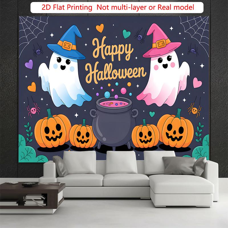 Party Backdrop Halloween Flat Spooky Pumpkins Ghosts Cauldron Event Photo Background Party Decor