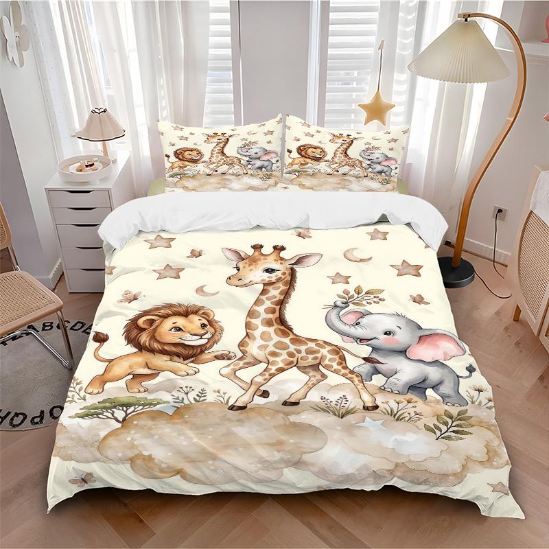 Lion Giraffe Elephant Cloudscape Print 3Pcs Bedding Setduvet Cover With 2 Bedropillowcase Home Birthday Gift