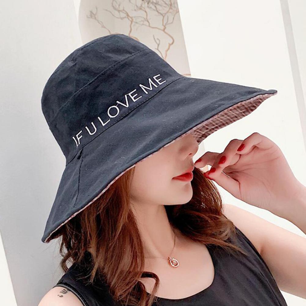 Women Double-sided Plaid Pattern Fisherman Hat Large Brim Letters Pattern Sun Hat