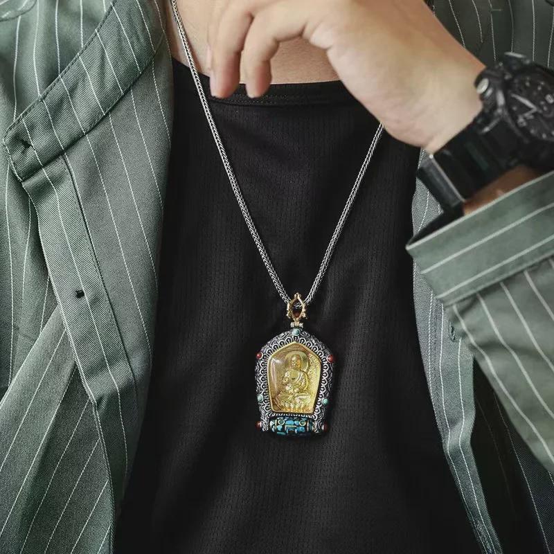 Guardian God Buddha Dzi Bead Pendant Necklace: Wealth God's Green Tara for Men and Women