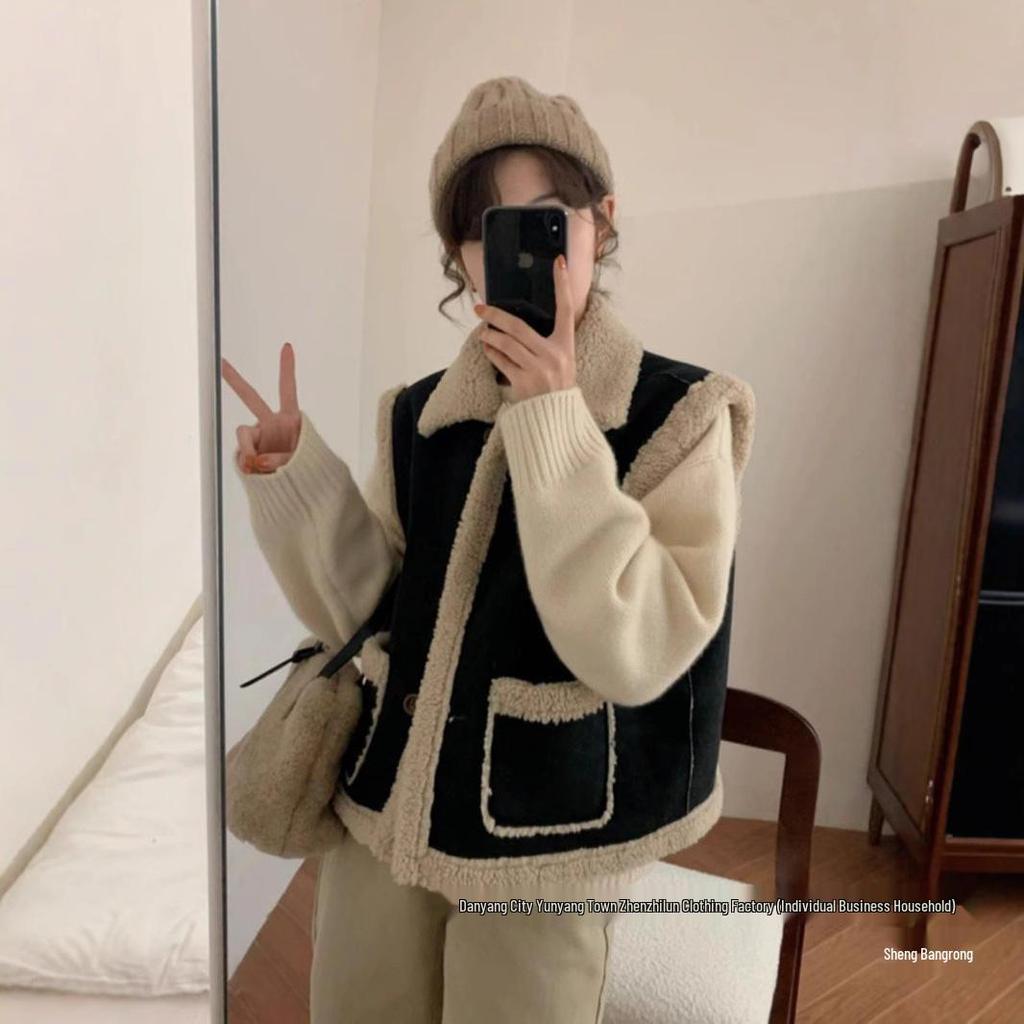 Women's Faux Suede Lambswool Vest 2024 Autumn/Winter Casual Black Leather & Fur Short Coat