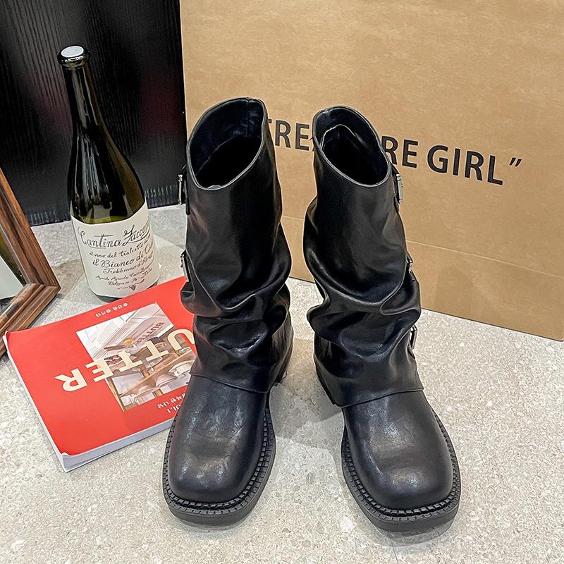 Thick-soled belt buckle pleated medium boots women's 2025 autumn and summer new western cowboy short boots Martin boots pant tube boots