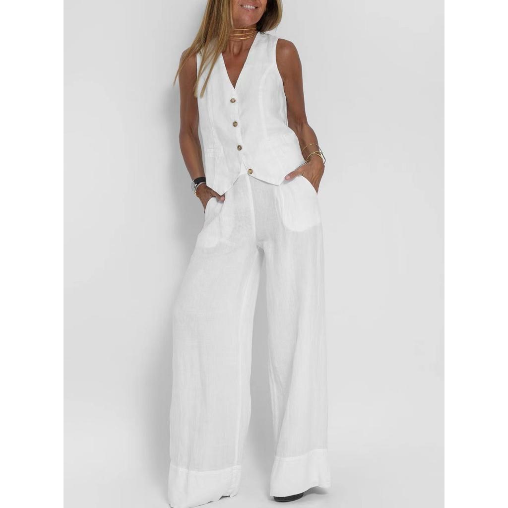 Fashion Vest, Pants, Patchwork, Cotton and Linen Casual Suit for Women
