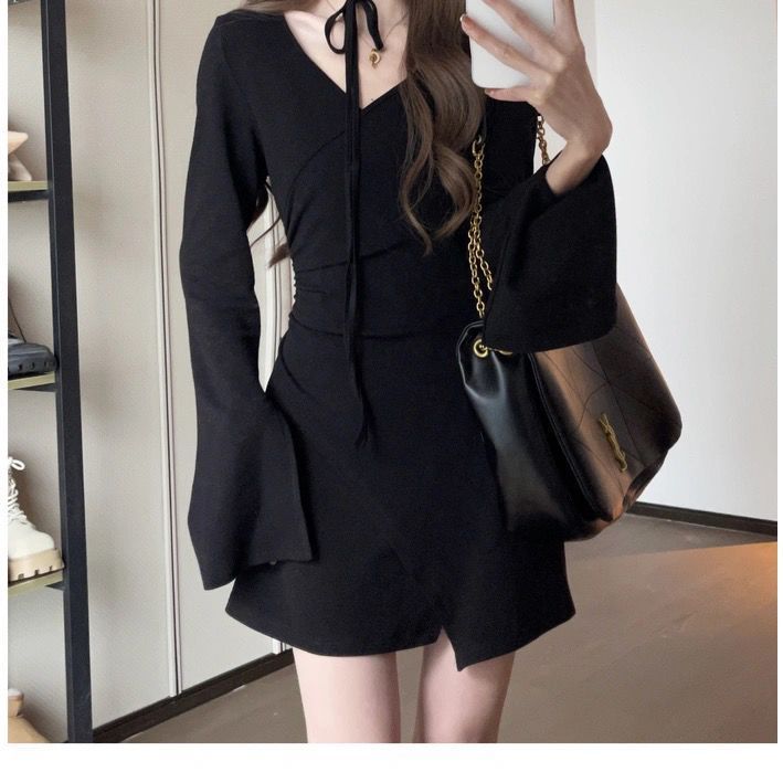 French V Neck Knit Dress With Long Sleeves For Casual And Travel Wear