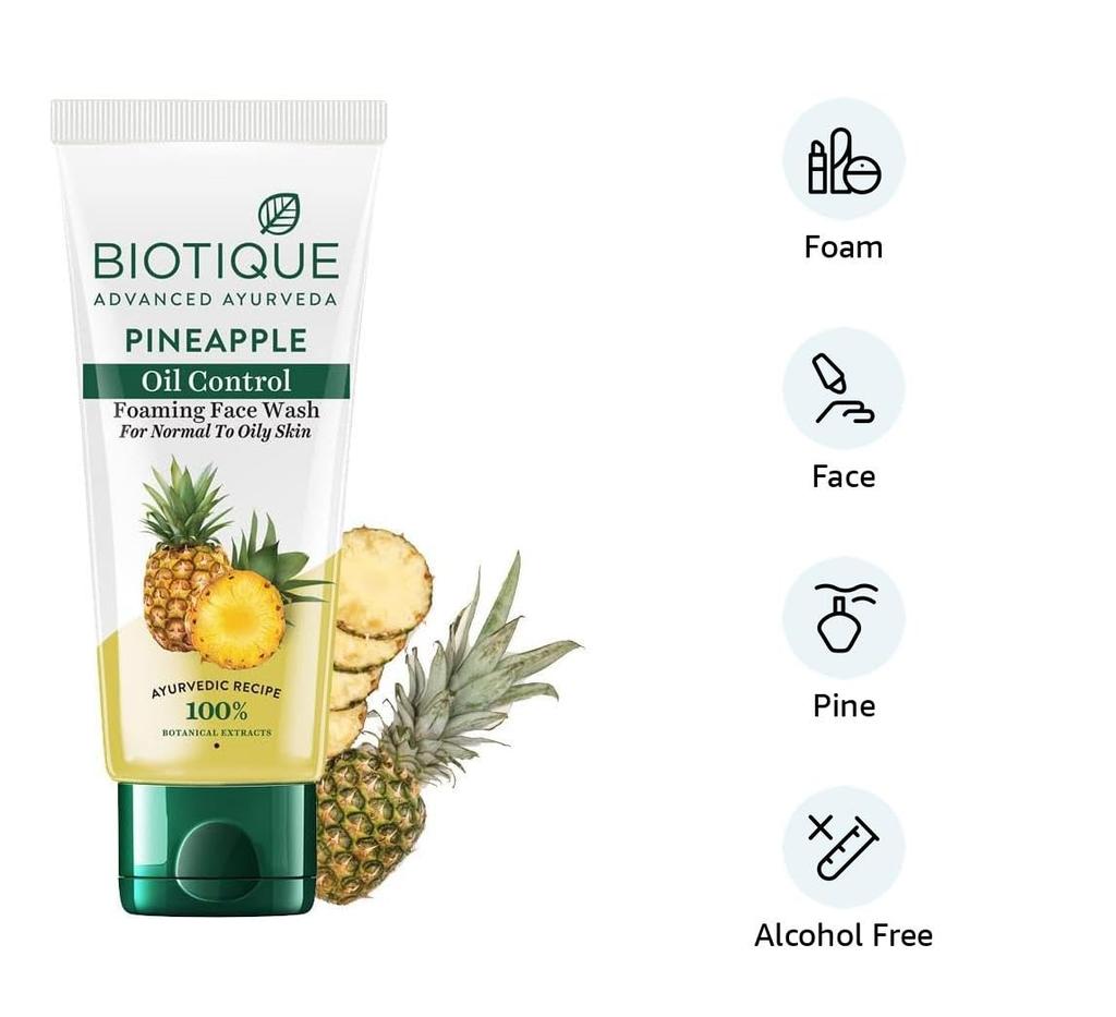 Biotique Pineapple Oil Control Foaming Face Wash 100ml – Hydrates Dry Skin, Eliminates Excess Oil, Evens Tone, 100% Botanical