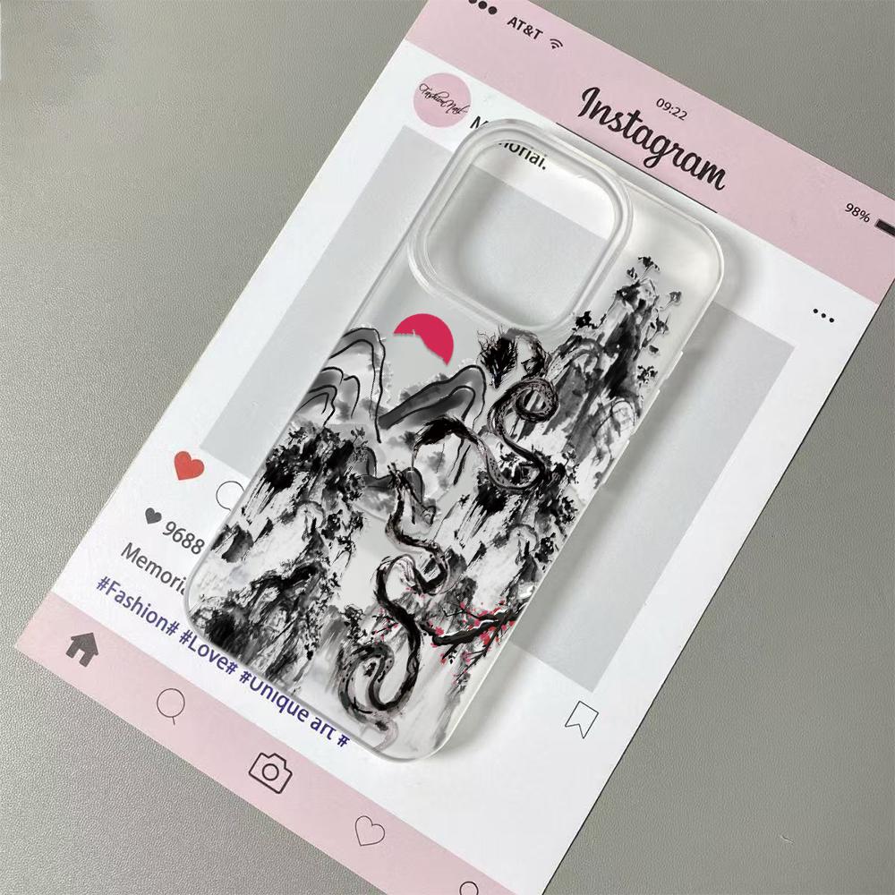 Elegante Inkt Draak Telefoonhoesje Helder Mat voor iPhone 17 16 15 14 Plus 13 12 11 Pro Max X XS Beschermende Krasbestendige Hoes