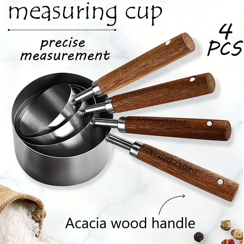 

4Pcs/Set Measuring Cups, Stainless Steel Measuring Cups Set with Ergonomic Wooden Handle for Cooking & Baking серебряный