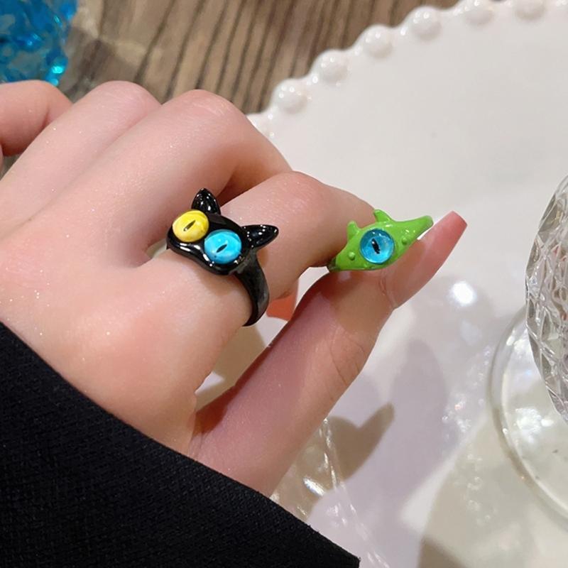Funny Black Green White Cat Monster Ring Big Eyes Sweet Cool Cartoon Cute Girlfriends Couple Open Ring Gift Jewelry