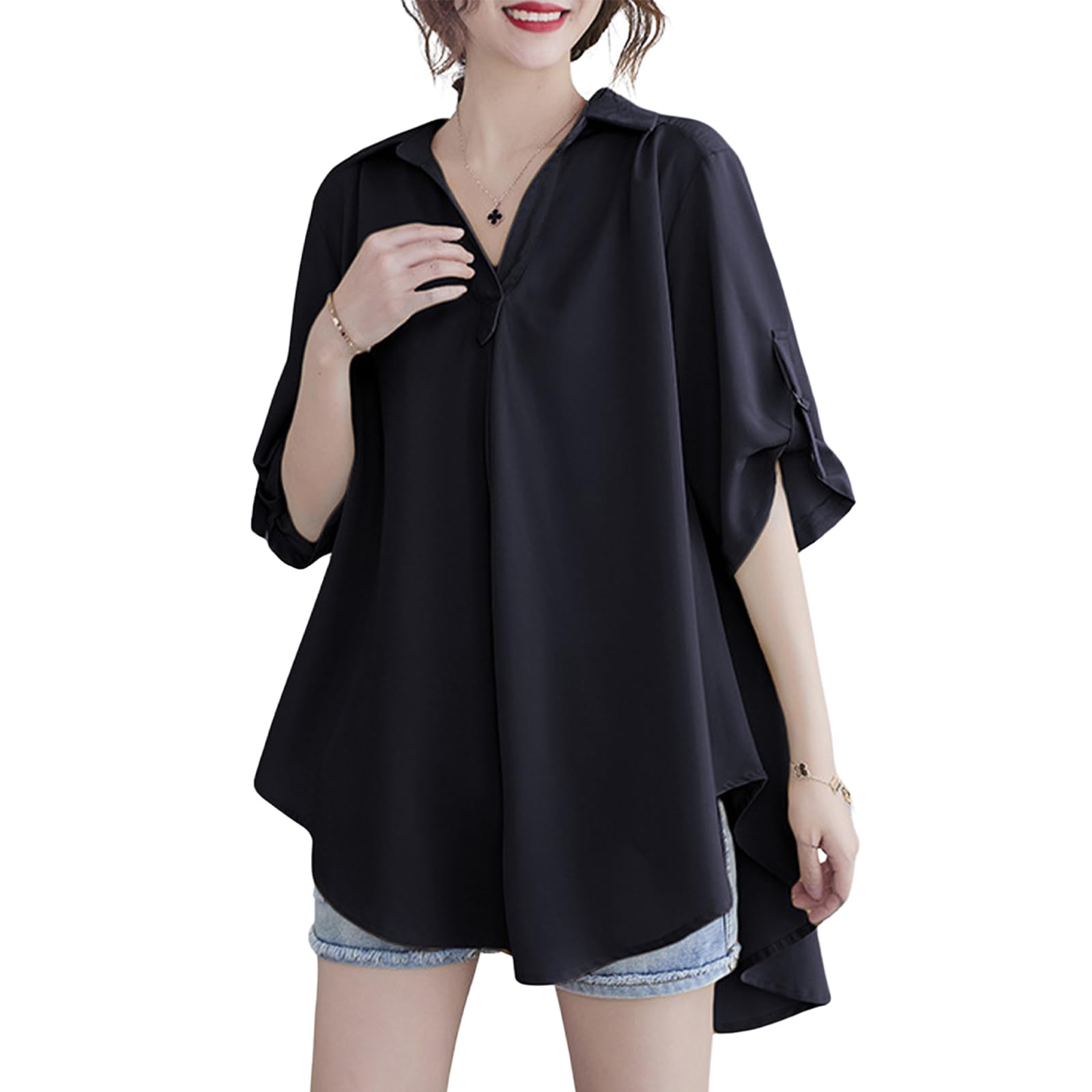 

Блузки для коротких больших летних свободных облегающих тело офисных взрослых элегантных [SeiunAn] женщин, рубашки, рукава, рукава 5/8, V-образный вырез, размеры, топы, лето, чёрный