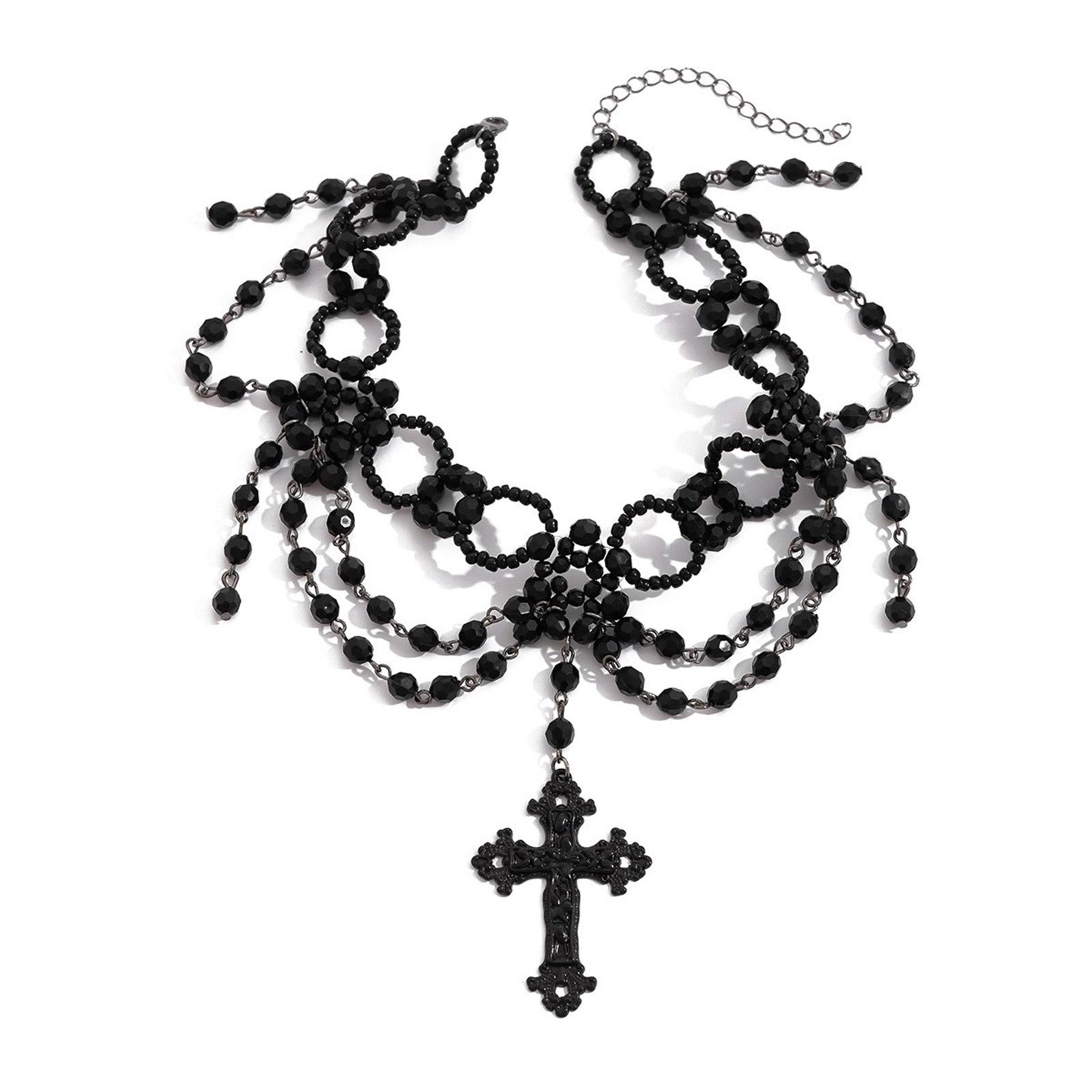 

Трендовая многослойная готическая цепочка на шею с бисером, чокер с кисточками и кулонами-крестами для модных женщин T1