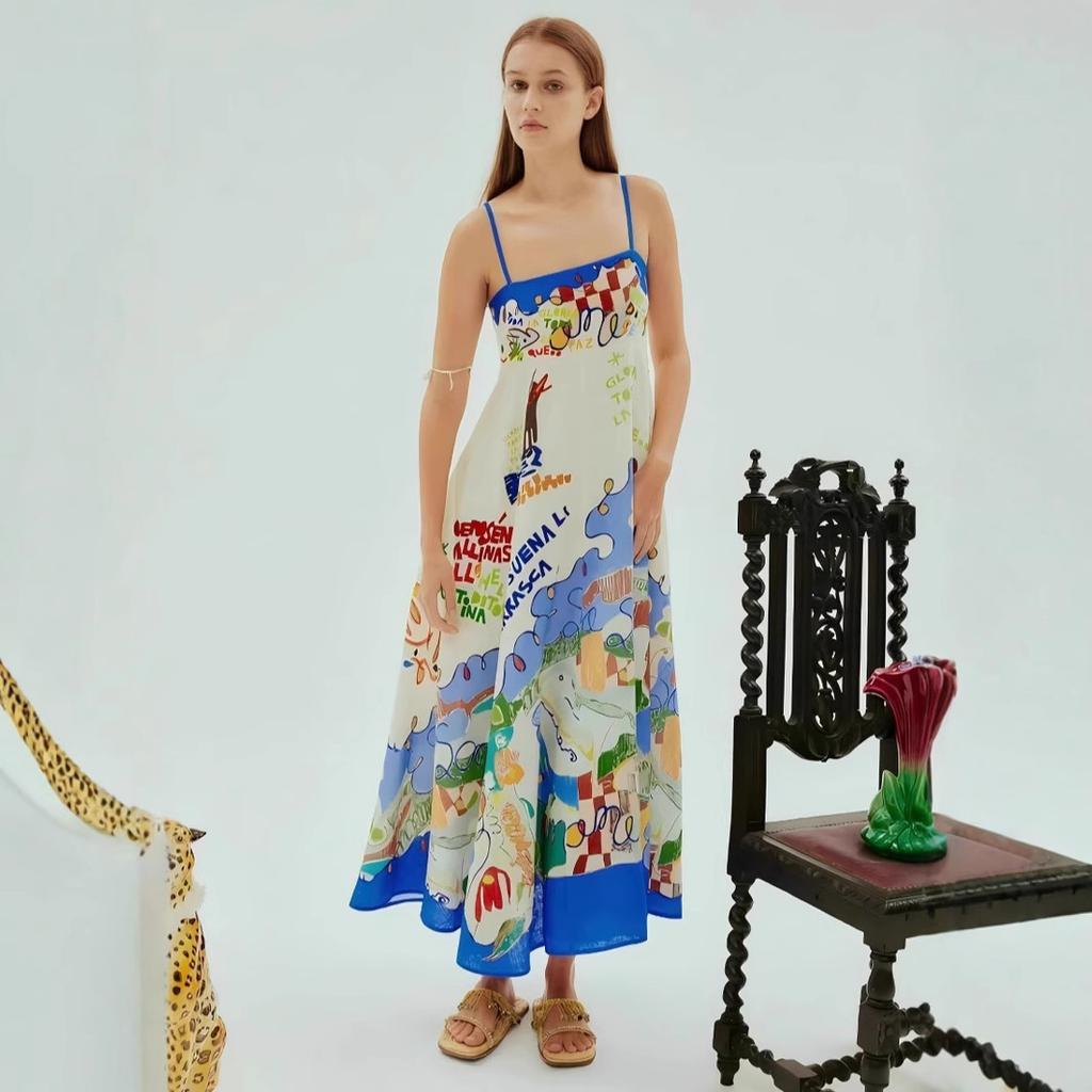 2026 new European and American cross-border independent station sexy suspender printing graffiti cotton and linen printing pendulum