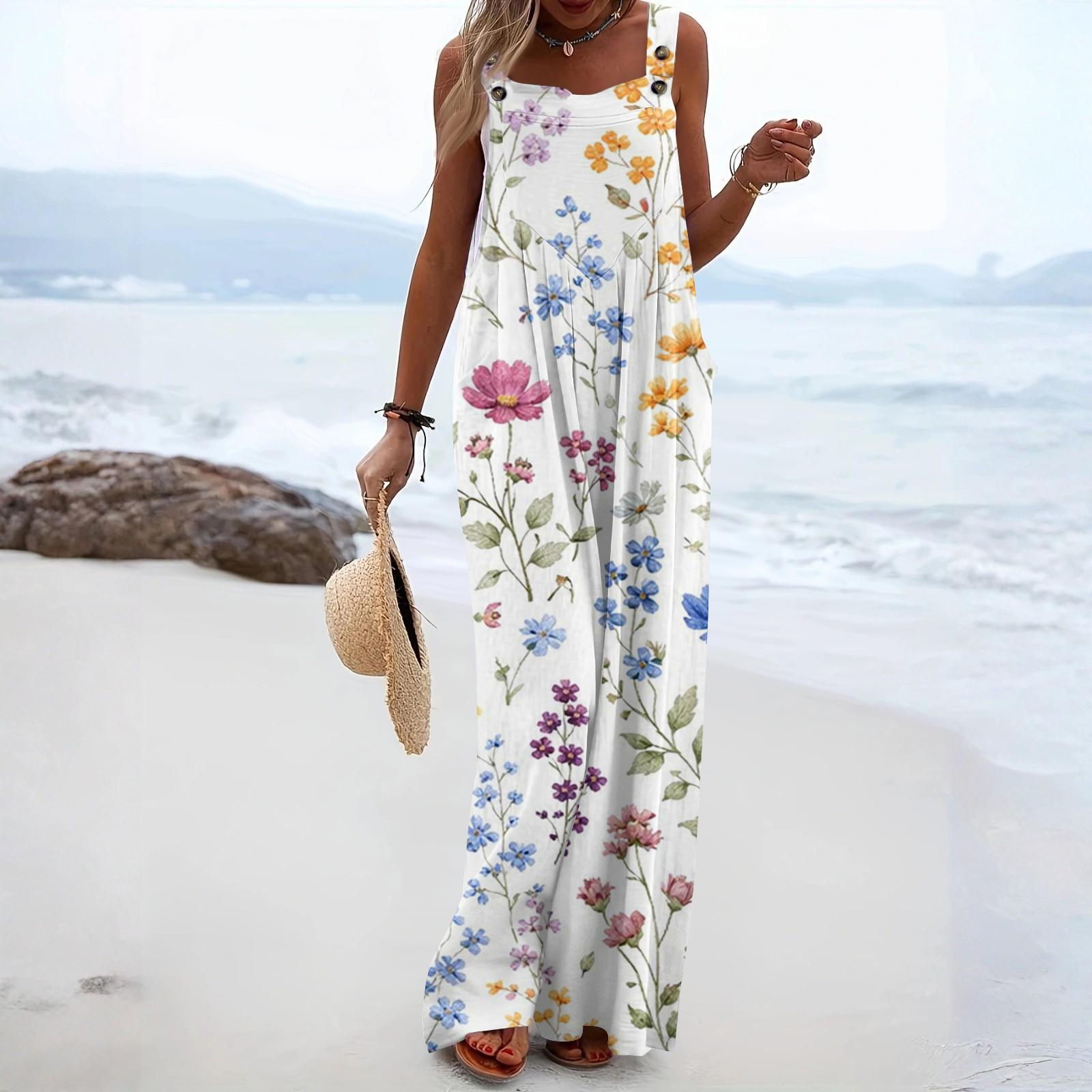 Женский комбинезон Модный Повседневный С боковыми карманами Комбинезон с цветочным принтом S