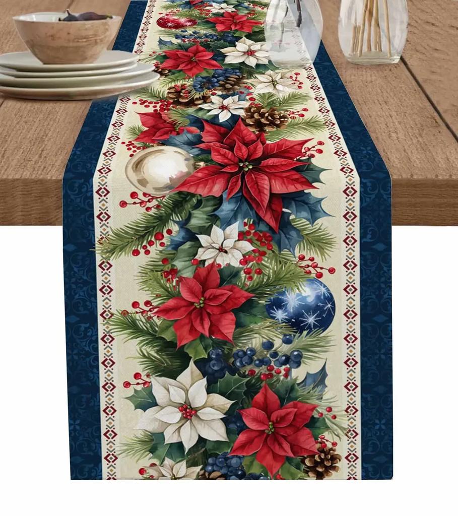Natale Abete Argentato Foglie Fiocchi di Neve Grana Legno Lino Runner da Tavola Decorazione Cucina Runner da Tavola Forniture per Feste