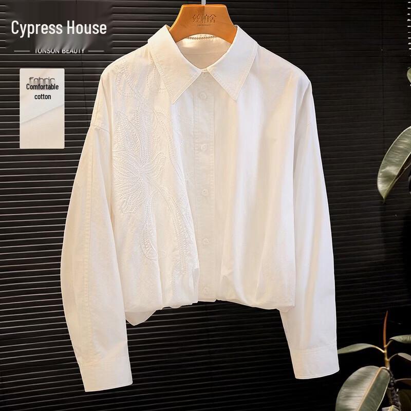 Silbaishi Women s Embroidered Lapel Long Sleeve Shirt L