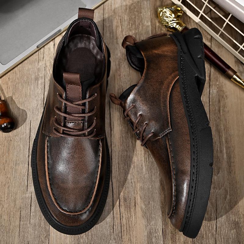 

Spring and autumn 2025 new outdoor men s leather shoes genuine leather Korean version retro lace-up business casual platform men s shoes 44 коричневий
