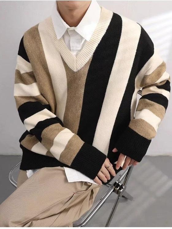 Men's Korean Style Striped V-Neck Autumn/Winter Loose Knit Color Block Pullover Sweater