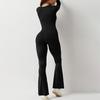 2024 European & American Solid Color Seamless Long Sleeve Yoga Jumpsuit with Flared Pants