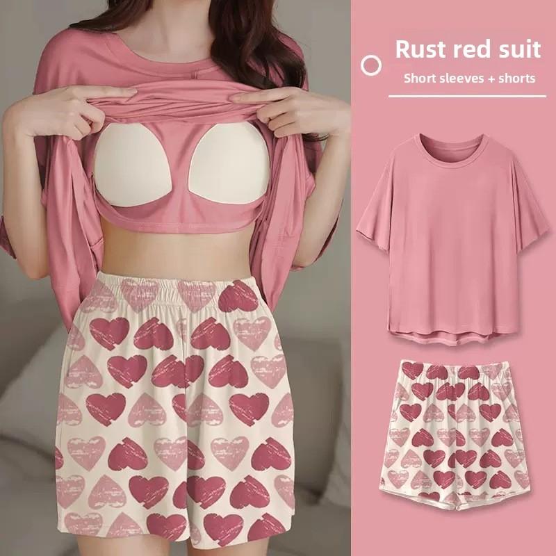 Cartoon Girl Summer Pajamas Set With Chest Padding For Sleep And Lounge Comfort
