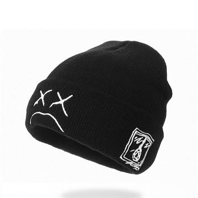 Beanie Hat, Knitted Hat, Hip-hop Style, Embroidered Knitted Hat with Sad Expression, Warm Woolen Hat for Men and Women